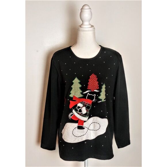 Vintage Christmas Cat / Ugly Xmas Sweater / Ice Skating Cat / Sz Med/ Sweatshirt - Picture 2 of 12